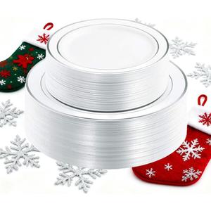 I00000 102pcs Silver Plastic Plates, Disposable Plastic Party Plates with White Silver Rim Fancy Wedding Party Plates Include 51 Dinner Plates 10.25" and 51 Dessert Appetizer Plates 7.5"