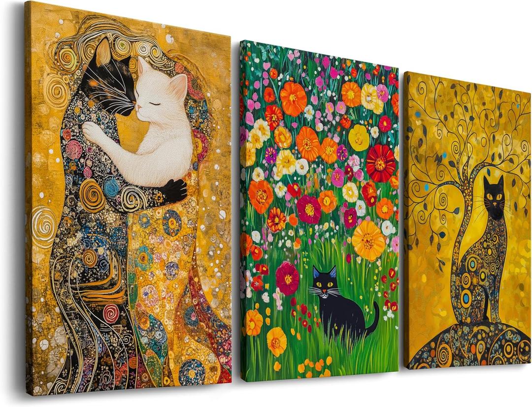 Gustav Klimt Canvas Wall Art Vintage Black Cat Painting, Cute Posters Cat Room Decor - Famous Paintings with Cats Reproduction, Klimt Tree of Life The Kiss Garden - Framed Set of 3 Ready to Hang (12''x16'')