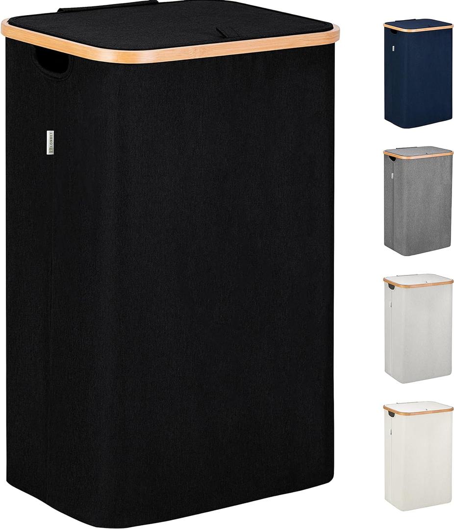 LONBET 26 Gal. Laundry Basket with Lid, Made from Breathable Fabric Aesthetic Clothes Hampers for Laundry with Side Handles & Sturdy Bamboo Frame Laundry Hamper with Lid & Removable Bag, Black (Black)