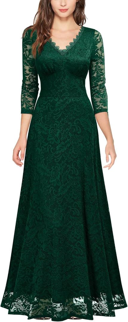 MISSMAY Women's Formal Floral Lace 2/3 Sleeves Bridesmaid Party Maxi Dress (Green, XL)