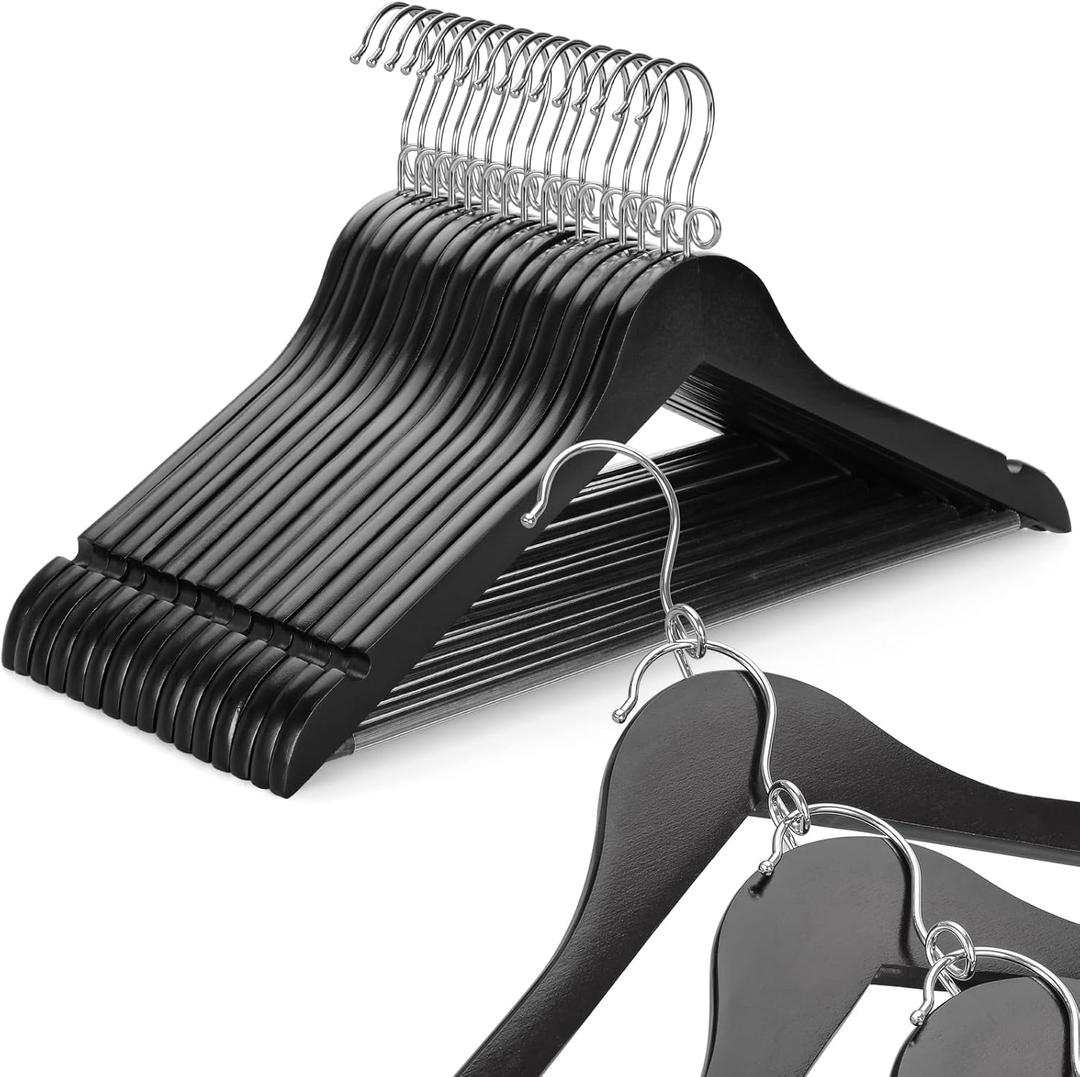 TOPIA HANGER Black Wooden Hangers 30 Pack, Space Saving Coat Hanger with 360 Swivel Cascading Loop Hook, Non Slip Pants Bar and Shoulder Notches for Camisole, Jacket, Suit, Clothes Hangers