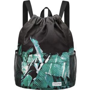 Waterproof Drawstring Backpack Sports Gym Sackpack with Mesh Pockets Water-Resistant String Cinch Beach Bag for Men Women (Print - Black Leaves)