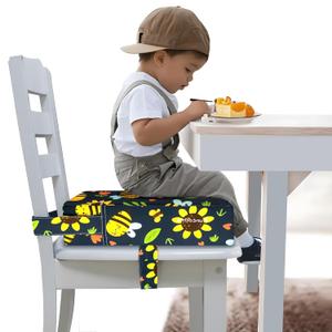 Toddler Booster Seat for Dining Table, Portable Booster Seat for Kitchen Chair, 4 Inch High-Density Foam Cushion with Adjustable Safety Straps and Non-Slip Bottom, Perfect for Kids Travel and Daily (Black-Insect)