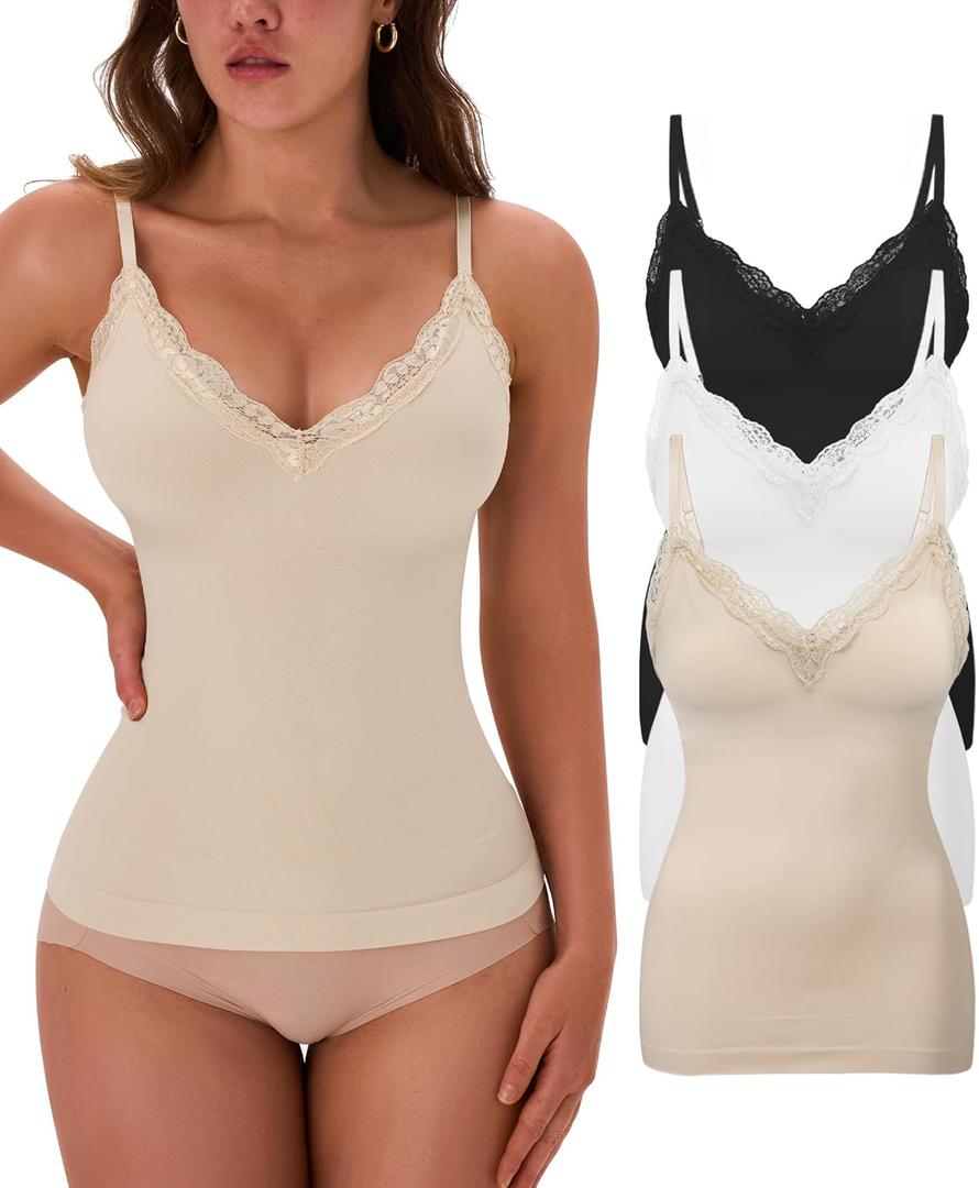 EUYZOU Womens Tummy Control Shapewear Tank Tops Seamless V-Neck Compression Tank Tops Body Shaper Camisole (X-Large, Lace-black/White/Nude 3pk)