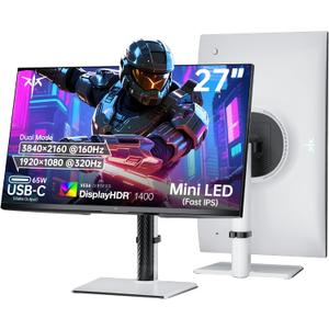KTC 27 Inch Dual Mode Mini LED Monitor - 4K UHD at 160Hz & 1080P FHD 320Hz Gaming Monitor, 65W Type-C Port, HDR1400 Fast IPS Panel, Adaptive-Sync, HDMI 2.1 & DP 1.4, Height Adjustment, VESA Wall Mount