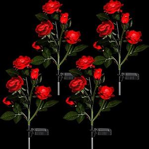 LOYIM 4 Pack Outdoor Solar Flower Lights Waterproof Garden Decorative Lights Outside Solar Powered Pathway Lights with 20 Realistic Rose Flowers for Yard Lawn Pathway Backyard Decor(Red)