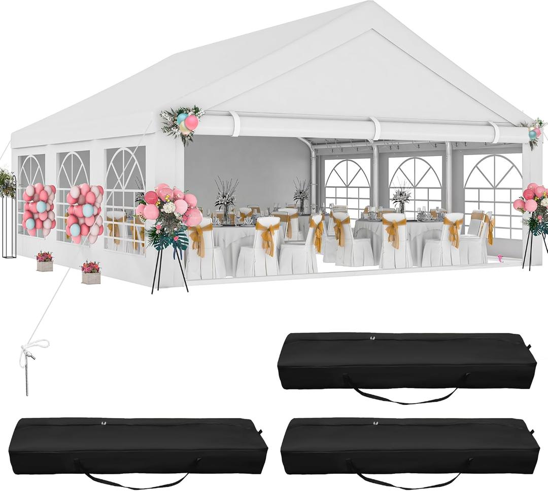 DWVO 20x20ft Party Tent Outdoor Heavy Duty Wedding Event Shelters Galvanized Canopy with Upgraded Large Roof, Removable PVC Sidewalls & 2 Storage Bags, White