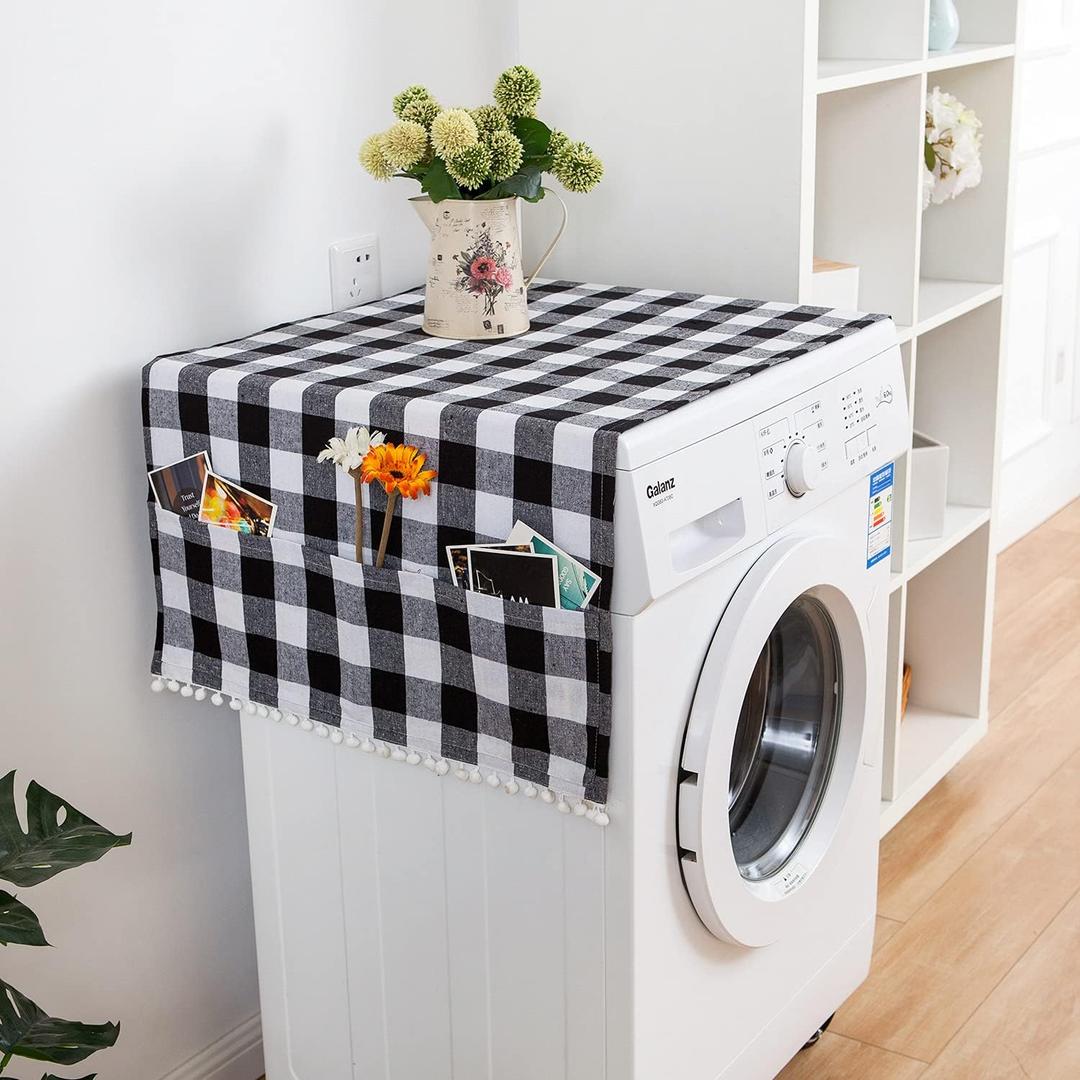 Dustproof Washer and Dryer Covers for The Top Fridge Dust Cover,Anti-slip Washer and Dryer Top Covers for Home and Kitchen-Black White Plaid