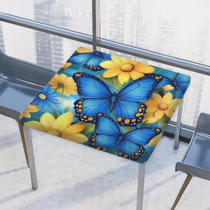 Blue Butterfly Yellow Flower Pattern Square Tablecloth with Elastic Edge Waterproof Polyester Fitted Table Cover for Indoor Outdoor Dining Kitchen Patio Picnic Party Fit 34"x34" Tables