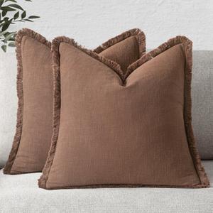 MIULEE Decorative Throw Pillow Covers Neutral Linen Fringe Throw Pillows Euro Shams Set of 2 Dark Coffee Boho Farmhouse Cushion Covers for Couch Sofa Bed Living Room Spring Home Decor 26x26 Inch