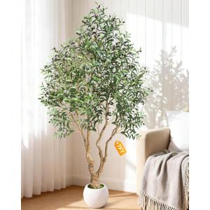 7 FT Tall Faux Olive Tree, Look Real Fake Olive Tree with 4 Natural Thick Trunks & Weighted Pot, Olive Trees Artificial Indoor with Lusher & Fuller Leaves for Indoor Home Office Living Room Outdoor