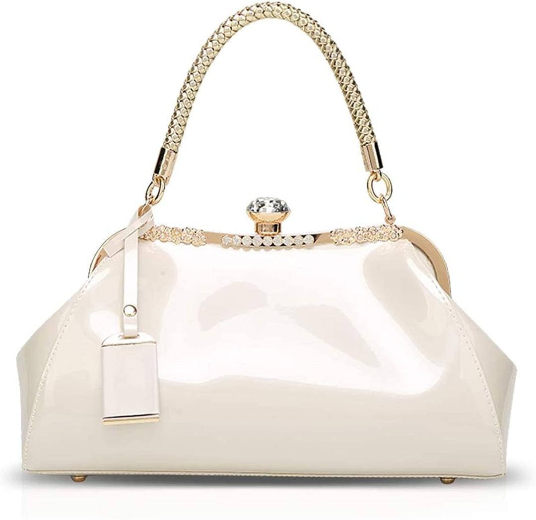 RTGGSEL Women's Crystal Glossy Patent Leather Top Handle Tote Evening Handbag Wedding Crossbody Shoulder Bags Satchel Purse (White)