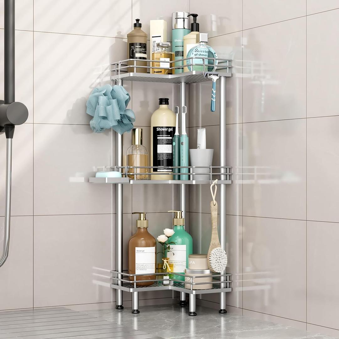 HapiRm Standing Corner Shower Caddy - 3 Tier Shower Shelf Corner with Soap Holder, Rustproof Bathroom Standing Organizer with 4 Hooks, Silver