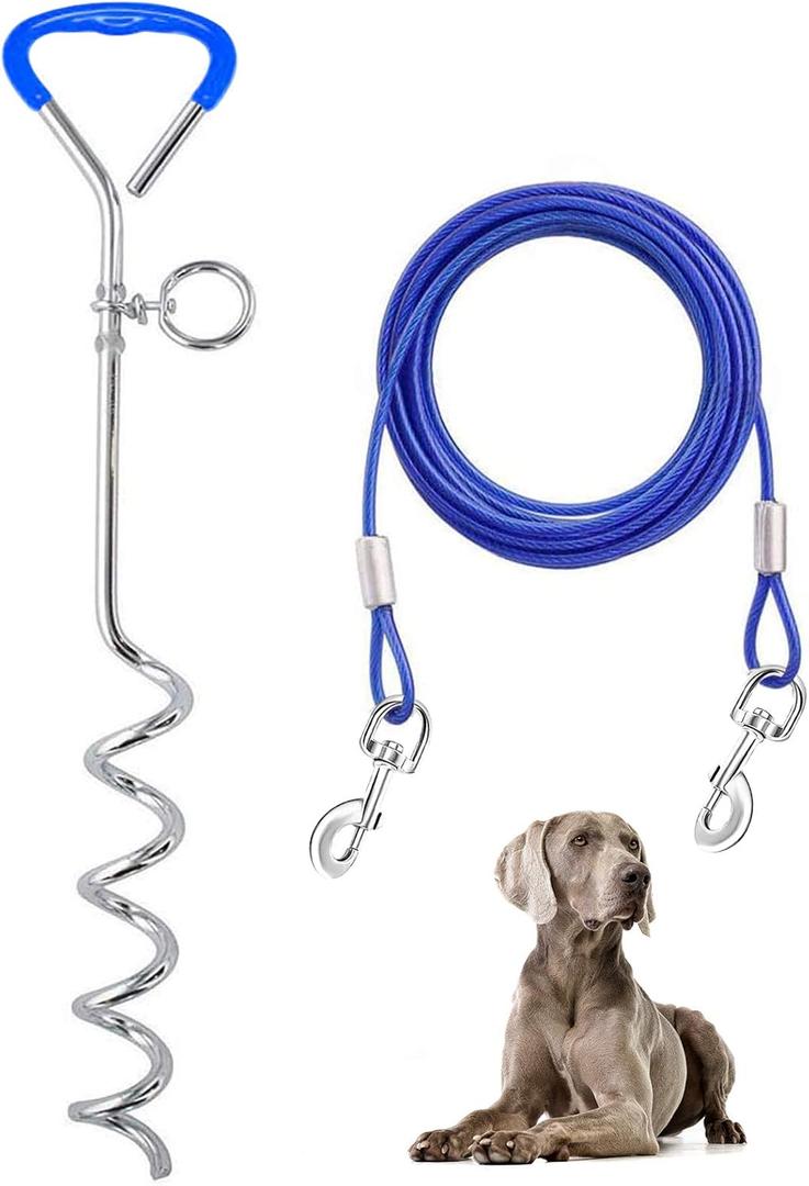 Supet Dog Tie Out Cable and Stake for Yard and Camping, Heavy Duty Stakes and Lead for Large Dogs up to 125lbs, Dog Scew and Tether for Outside (10FT) (Blue)