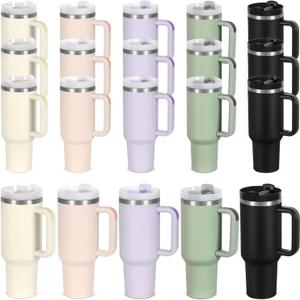 15 Pack 40 Oz Tumbler with Handle and Straw Bulk, 40 Oz Tumbler Stainless Steel Vacuum Insulation Keep Hot and Cold, 40 Oz Travel Coffee Mug with Silicone Spill Proof Stopper Set, Individually Boxed