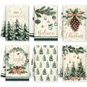 FuWeave 6 Pcs Winter Kitchen Towels Vintage Frost Dish Towels 21 x 14 Inch Decorative Hello Winter Bathroom Hand Towel Holiday Green Tea Towel for Kitchen Farmhouse Gifts