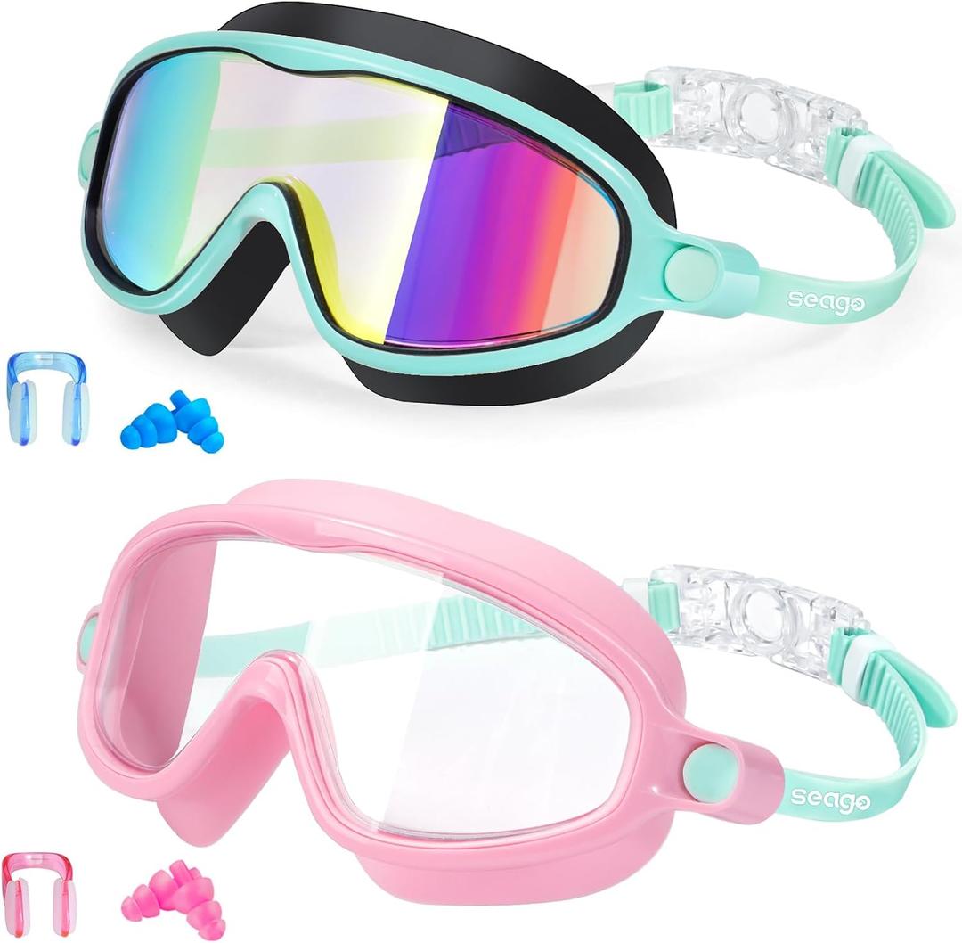 Seago Swim Goggles 2 Pack Anti-Fog Anti-UV Wide View Swimming Goggles for Kids 3-14 (Pink And Blue)