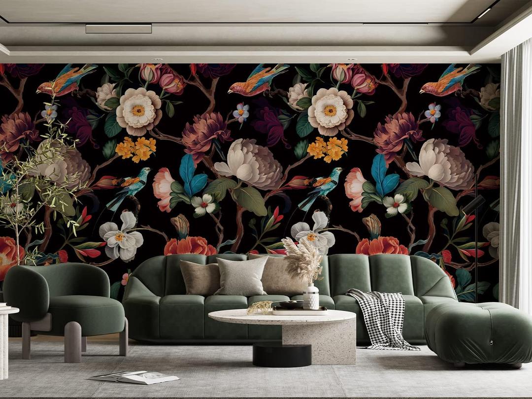 Zeeko Floral Peel and Stick Wall Mural Black Flower Wallpaper for Bedroom TV Background Vintage Wallpaper Large Floral Wall Murals Art Deco 148" W x 98" H