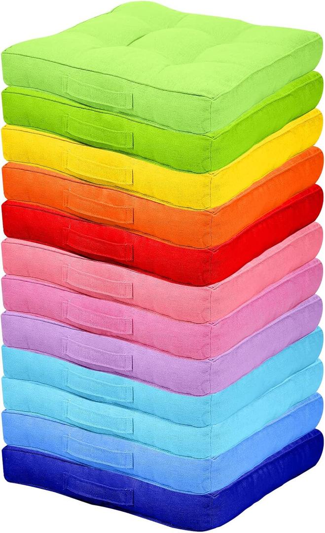 Gerrii 12 Pieces Classroom Floor Cushions with Handles Flexible Floor Seating Cushions Pillows School Chairs in Home School Classroom Kindergarten Daycare Nursery(Rainbow Color,Square), 15 x 15 inches