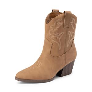 DREAM PAIRS Women's Cowboy Cowgirl Boots Embroidered Stitched Short Western Boots Low Chunky Heel Pointed Toe Ankle Booties, 7.5