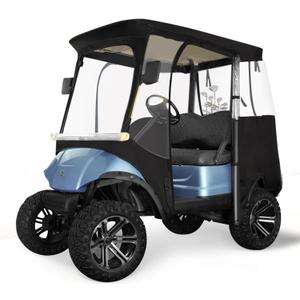 Golf Cart Enclosure 2-Passenger for EZGO TXT RXV - 600D Waterproof Snowproof Cover with Side Mirror Openings, Transparent Tail Light Panel, Detachable Windshield & 4-Sided Clear Windows (Black)