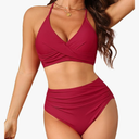 Yonique Women's Two Piece High Waisted Bikini Set Tummy Control Swimsuit Full Coverage Bathing Suit Halter Red, Size: M