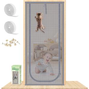Reinforced Cat Screen Door, Fits Door Size 38''x 81'' Heavy Duty Pets Proof Screen Door with Bilateral Zipper, Prevent Dogs Cats Running Out from Home, Bedroom,Living Room, Kitchen Patio Door Grey