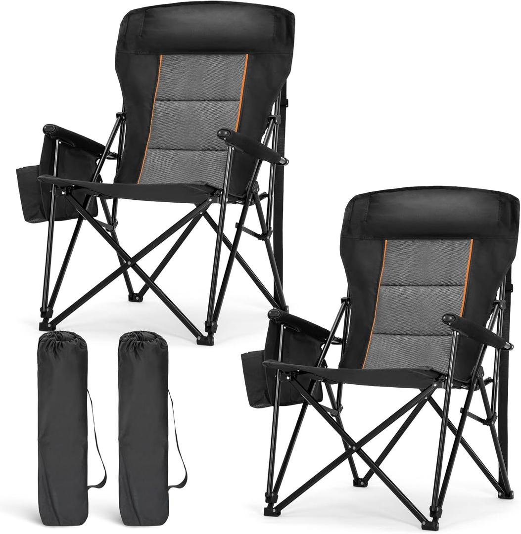 LET'S CAMP Oversized Camping Chairs 29.52" High Back Heavy Duty Lawn Chair Support 500LBS, Portable Collapsible Chair with Cup Holder, Side Pocket,2 Pack(Black)