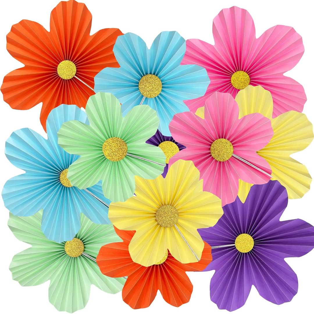 12Pcs Paper Flowers Party Decorations Rainbow Pastel Fan Flower Wall Hanging Photo Backdrop Decoration for Birthday Wedding Baby Showers Classroom Decor