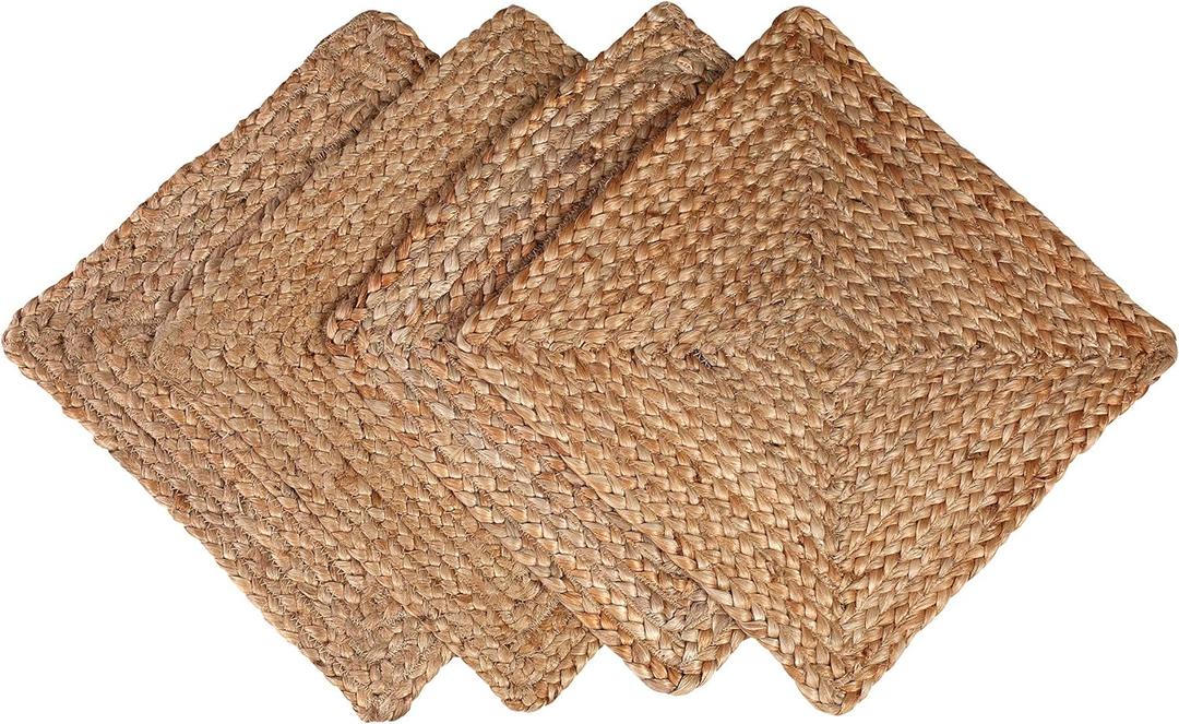 GLAMBURG Jute Braided Placemats Set of 4 Reversible, 100% Jute, Nonslip 13x13 Square Farmhouse Vintage Jute Placemats for Dining Table, Perfect for Indoor Outdoor, Natural