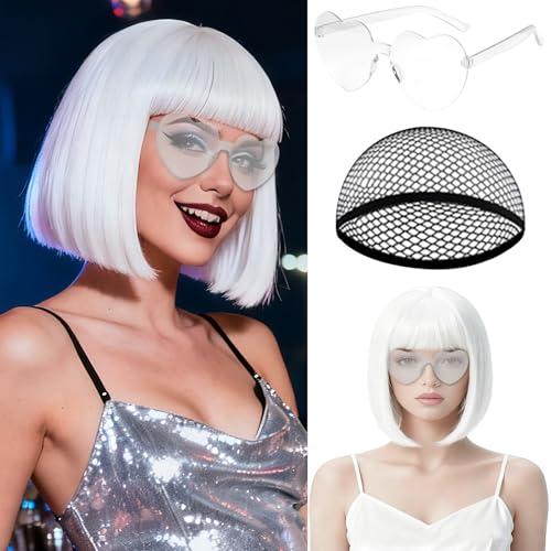 MEEZY White Short Bob Wigs Straight Hair with Flat Bangs Heart Sunglasses for Women, Colorful Funny Cosplay Party Neon Wig Synthetic Natural As Real Carnival Halloween Costume Party Favors