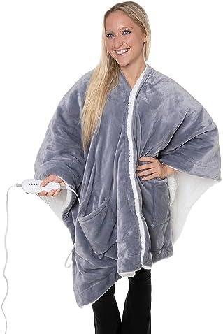 Snuggie Heated Wrap - Wearable Heated Electric Blanket with 4 Heat Settings, Auto Off, 50" x 60" Machine Washable, Warm, Cozy, Super Soft Sherpa, Functional Shawl for Adults- Grey