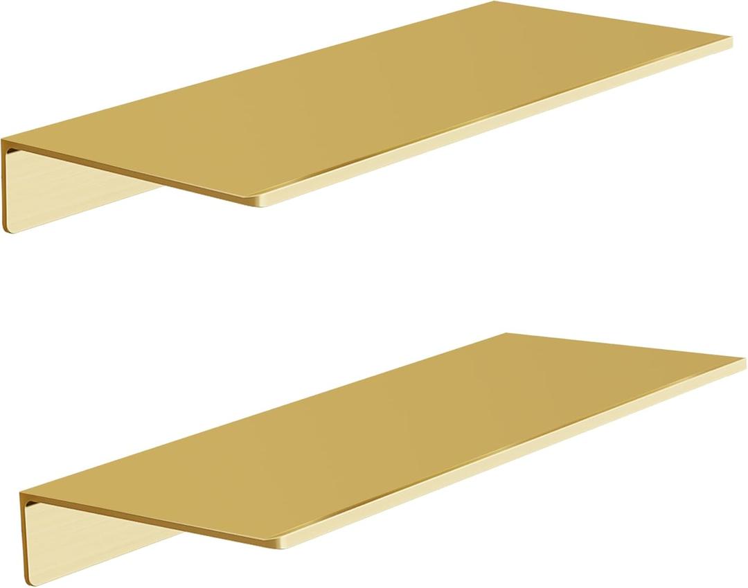 Metal Wall Shelves Set of 2, Brushed Gold Floating Shelf, 30CM Wall Decorative Shelf for Photos, Collectibles, Vases, Trinkets, Crafts, Trophy, etc. Shower Caddy (11.7 x 4.9 inch)