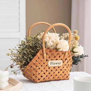 Wood Baskets Woven Hand-Held Wicker Cachepot For Flowers Pot Wicker Baskets Girl Storage Basket with Handle Wedding Home Decor