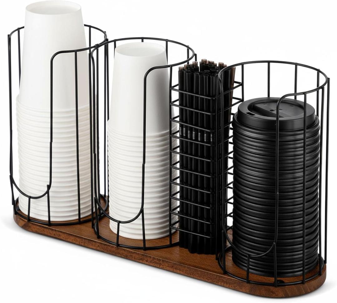 Geelin Coffee Cup Dispenser, Cup Holder Organizer for Storing Paper Cups, Straws, Lids and Disposable Tableware(4-Compartment Single Layer, Black and Brown)