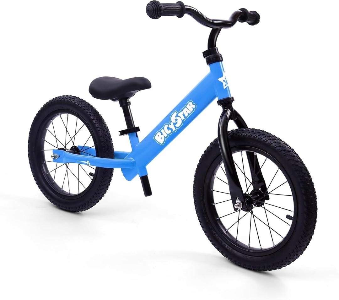 Bicystar 14 Inch Balance Bike for Kids 3-6 Year Old, No Pedals, Air Rubber Tires, Adjustable Height, Pedalless Bicycle for Boys, Girls, Blue