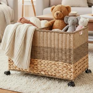 Cinnvoice 2317.516 in Wicker Storage Trunk with Wheels and Lid, Heavy Duty Rolling Wicker Basket for Blankets Large Toy Chest Water Hyacinth Woven Blanket Bin for Bedroom, Laundry Room