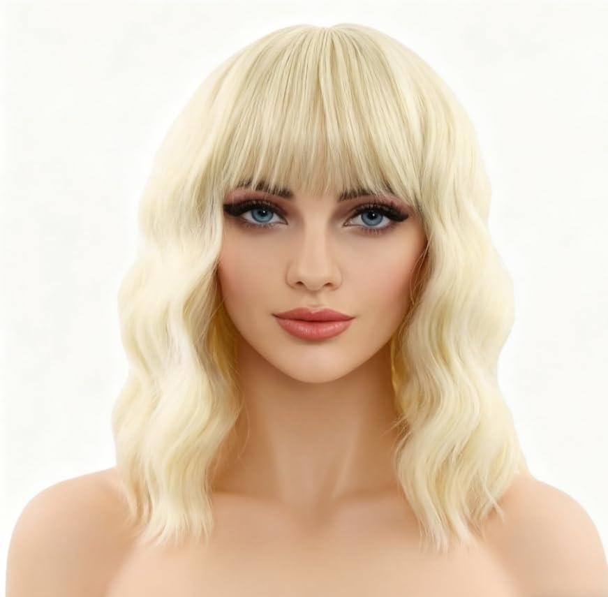 Blonde Wigs with Bangs for Women 14 Inch Shoulder Length Short Wavy Bob Wigs With Bangs Curly Wig Heat Resistant Synthetic Wavy Wig Cosplay Wigs