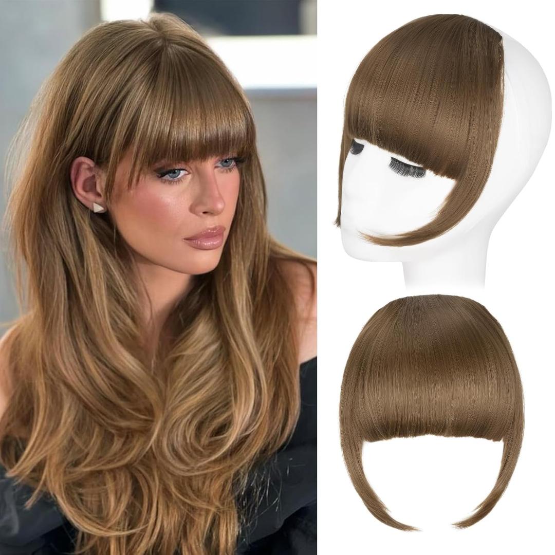 Clip in Bangs, Synthetic French Bangs Hair Clip, Light Chestnut Brown Fake Bangs Fringe with Temples Hairpieces for Women Natural Curved Hair Extensions for Daily Wear