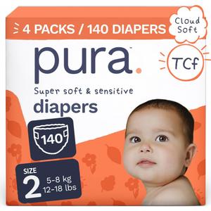 Pura Baby Diapers Size 2 (12-18 lbs) 140 Count Sensitive Skin