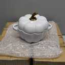 FYUEROPA Pumpkin Bowl Set with Lid and Handle, Set of 4 Ceramic Ramekins for Baking, Casserole Dish Individual Severing Pot, Stoneware, Oven Safe, 14 Oz (White) 1 UNBROKEN.