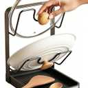 Pot Lid Holder Organizer, Carbon Steel Kitchen Pot Lid Rack with Drip Tray, Pre-Assembled Lid Storage Organizer, Dishwasher Safe Utensil Rest for Countertop Stovetop Cabinet