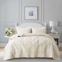 Ivory Damask Quilt Queen Size Bedding Sets with 2 Pillow Shams, Cream Boho Bedspread Lightweight Soft Farmhouse Vintage Bohemian Coverlet Retro Jacquard Pattern Bed Cover for All Season, 3 Pieces