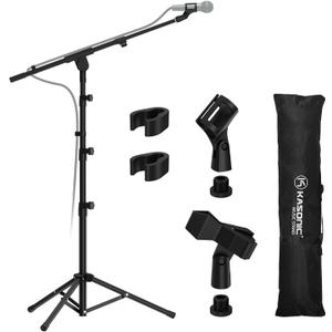 K KASONIC - Microphone Stand, Adjustable Collapsible Tripod Boom Mic Stands with Mic Clip Holder for Performance, Karaoke Singing, Speech, Wedding, Stage and Outdoor Activity, Black