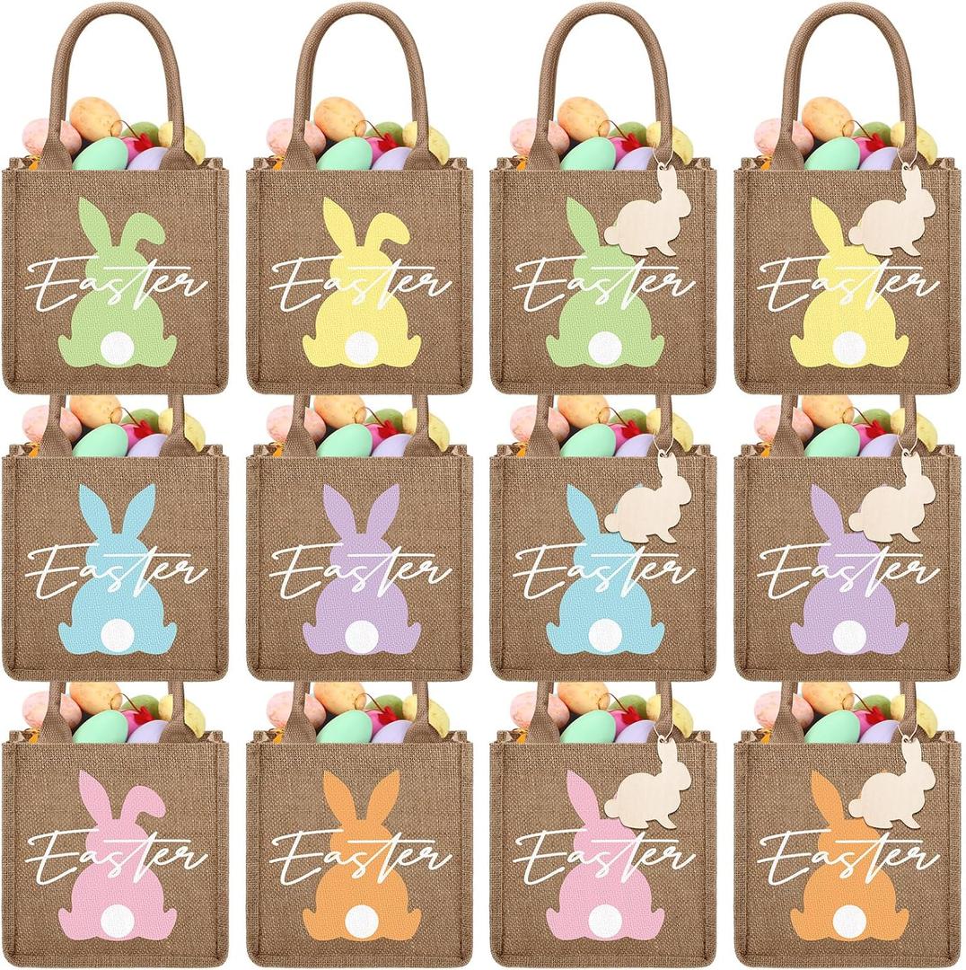 Huhumy 12 Pack Easter Burlap Bags with Tags Jute Bunny Baskets Egg Hunts Candy Gift Goodie Treat Tote Bags for Party Favor Bunny Egg Hunt Gift