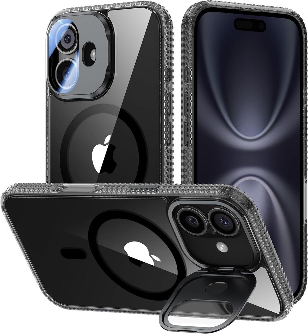 VOFATA [Upgraded] for iPhone 16 Case with Camera Cover Stand [Fit for MagSafe][9H Camera Lens Protector] Mil-Grade Protection Transparent Magnetic iPhone 16 Phone Case, Clear Black