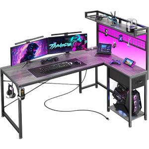 PRAISUN L Shaped Gaming Desk with Shelves, Corner Computer Table with LED Lights, Power Outlets and USB-C Ports, 50 Inch Reversible Home Office Desk with Storage Drawer, for Work and Study, Grey