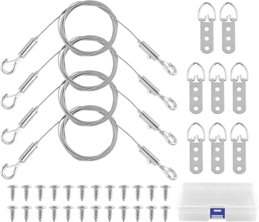 Picture Hanging Wire Kit, 4Pcs 6.56ft Adjustable Mirror Frame Hanging Wire Small Hook, 50lbs Picture Hangers with D Ring, for Canvas Paintings/ Mirrors/ Frames