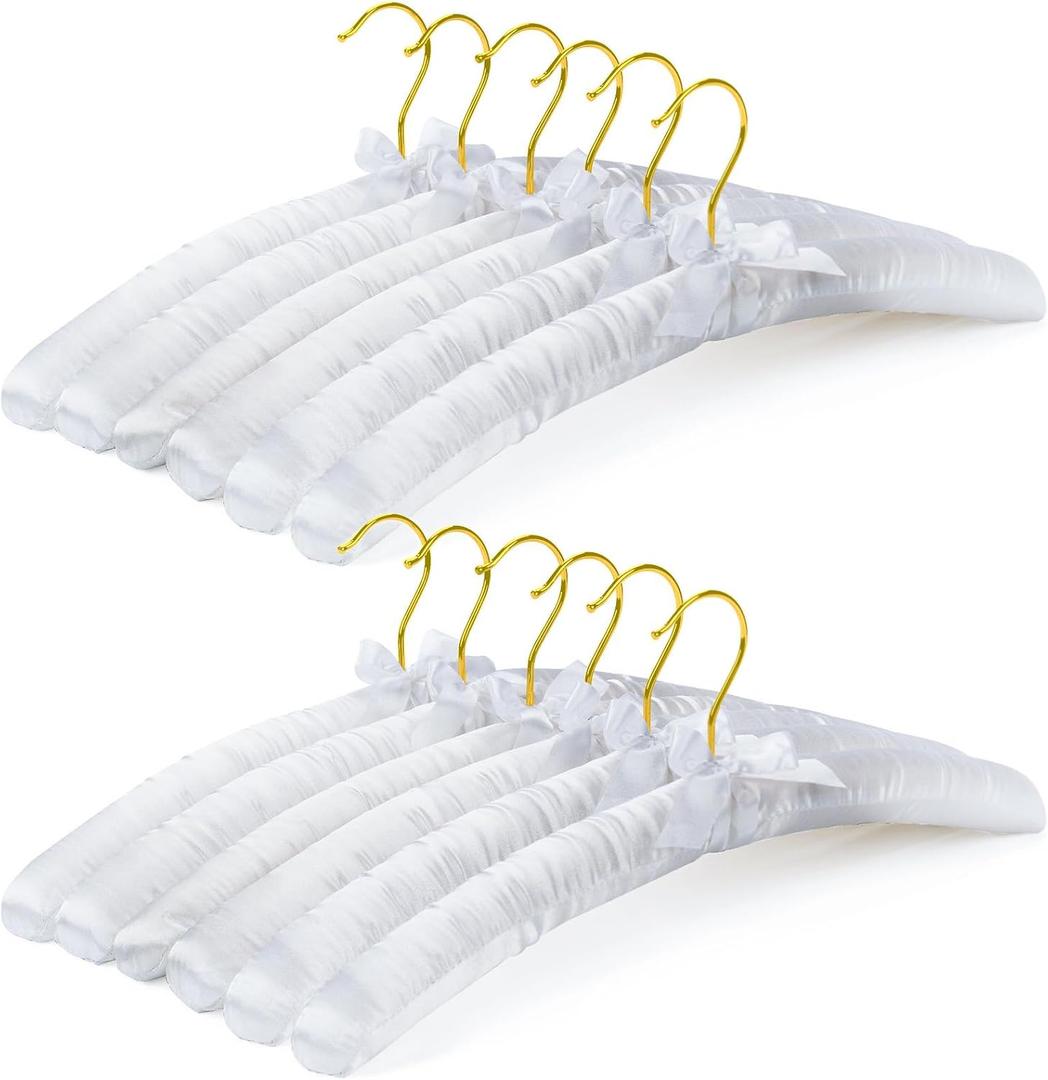 12 Pack Satin Padded Clothes Hangers, 17 Inch Large White Anti Slip Fabric Coat Hangers for Women Clothing, Dresses, Sweaters, Wedding Gown