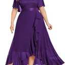 Miusol Women's Plus Size Floral Lace Cape Sleeves V Neck Ruffle Trim Formal Party Maxi Dress,Purple, 0XL